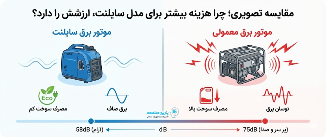 اینفوگرافی مقایسه موتور برق معمولی و سایلنت: نمودار دسیبل، مصرف سوخت و کیفیت برق